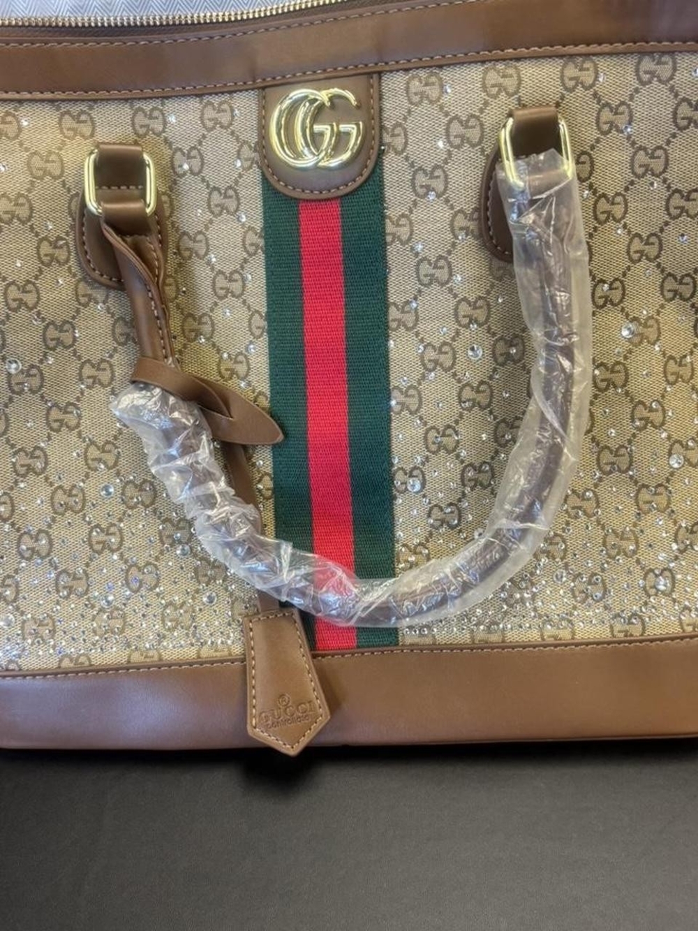Designer Inspired Brown GG Canvas Top-Handle Tote with Web Stripe